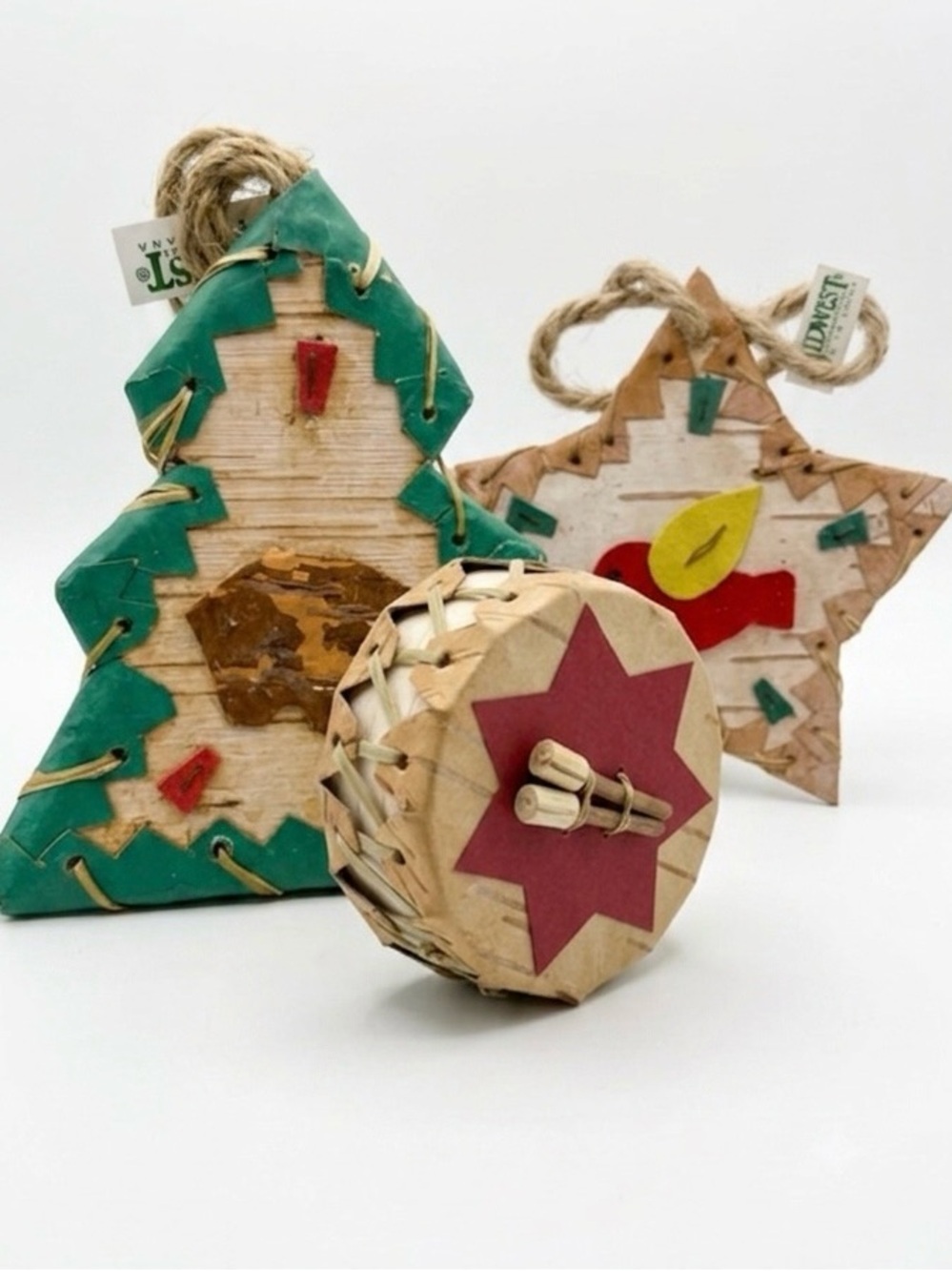 Mini Christmas Tree Ornaments Lot of 3 Vintage Midwest Drum Tree Star Rustic NEW